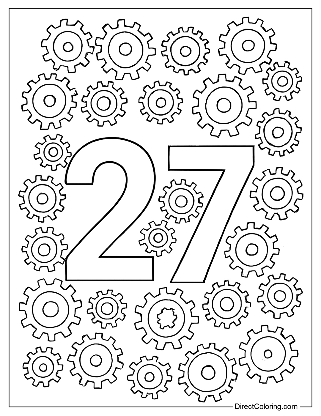 Number 27 Coloring Page with small gears like operating machines